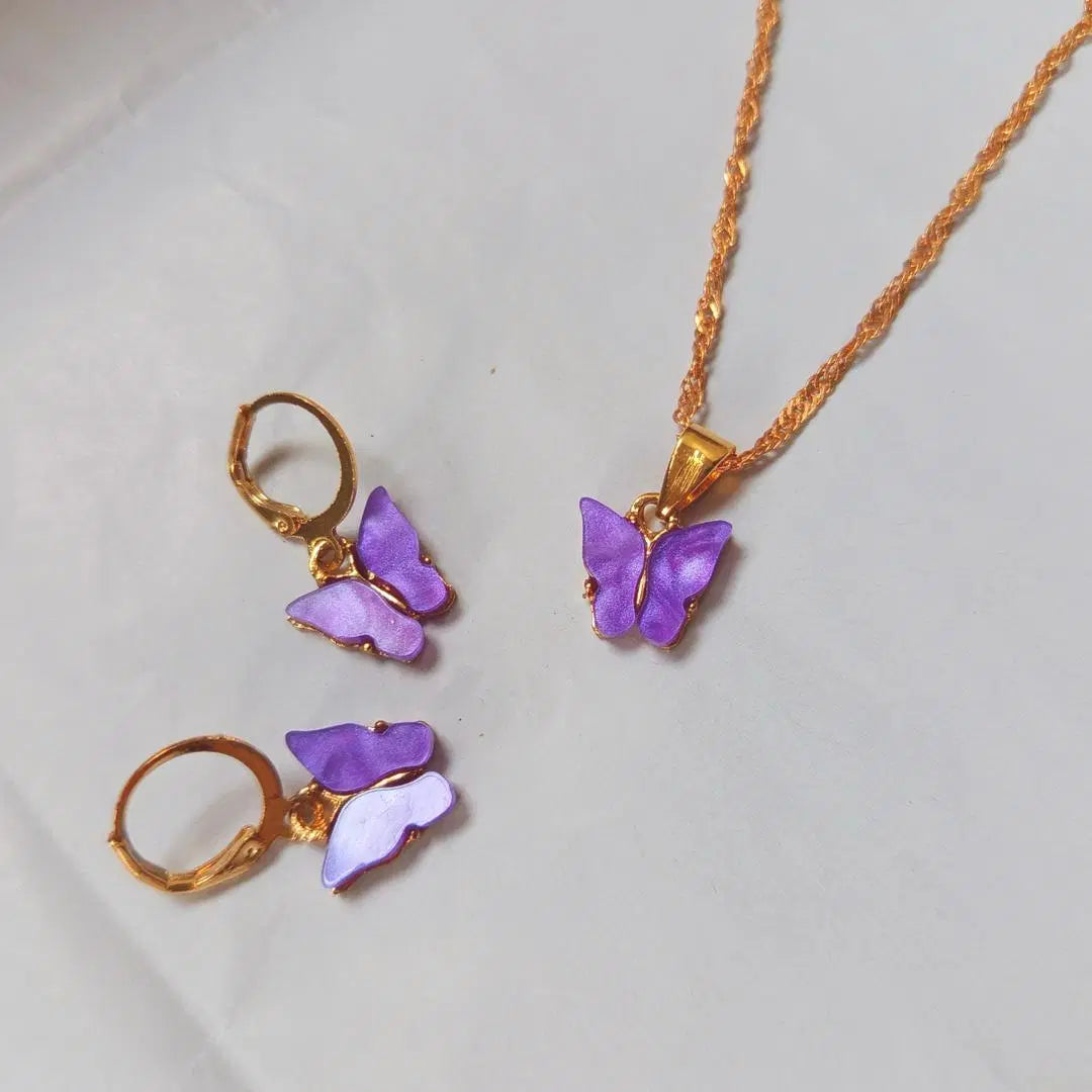 Purple Butterfly Golden Chain Charm Necklace With Earrings For Girls jewelry.