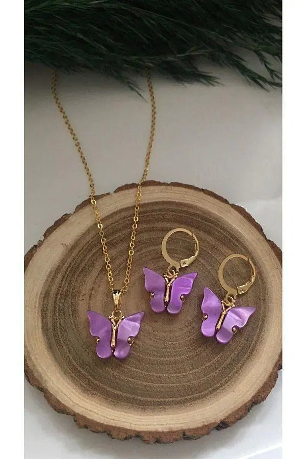 Purple Butterfly Golden Chain Charm Necklace With Earrings For Girls jewelry.