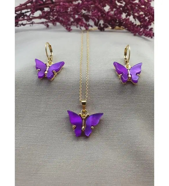 Purple Butterfly Golden Chain Charm Necklace With Earrings For Girls jewelry.