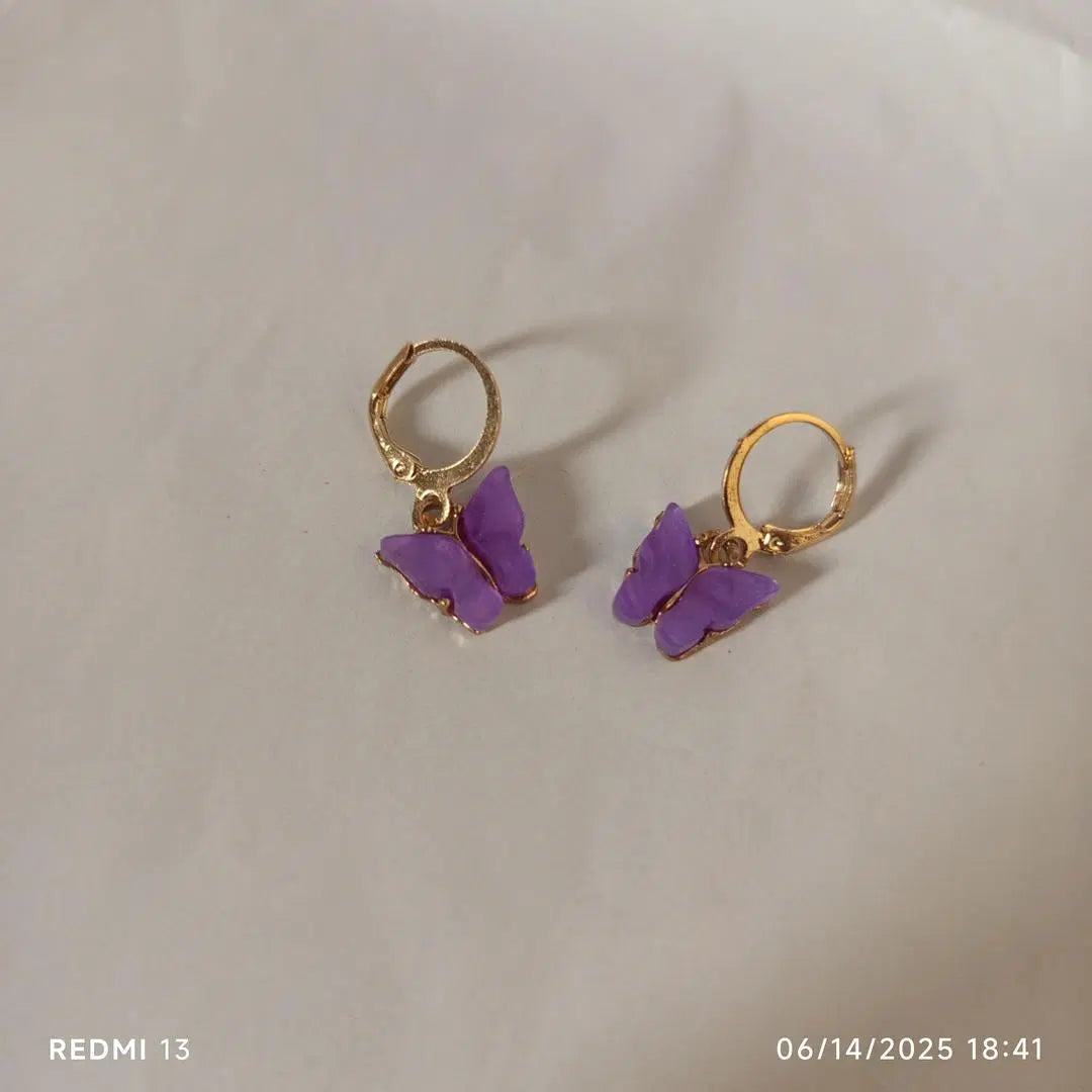 Purple Butterfly Golden Chain Charm Necklace With Earrings For Girls jewelry.
