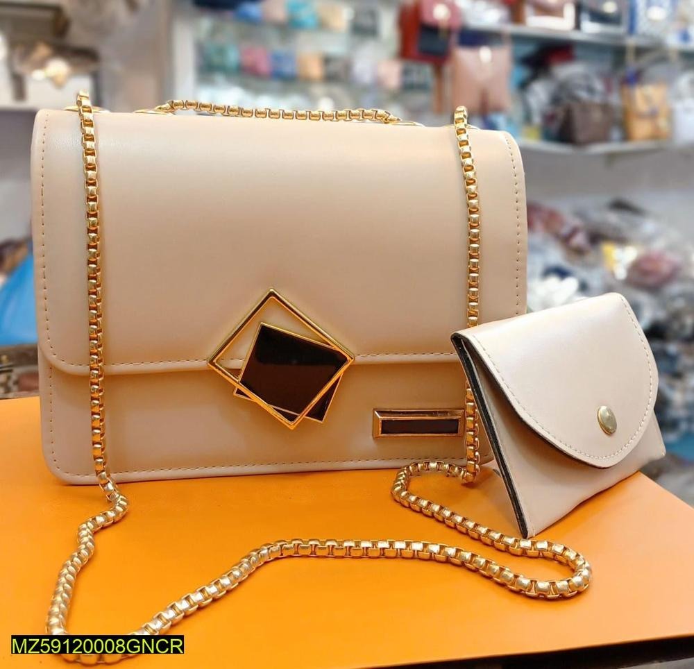 2 Pcs PU Leather Hand Bag With Long Golden Chain For Girls